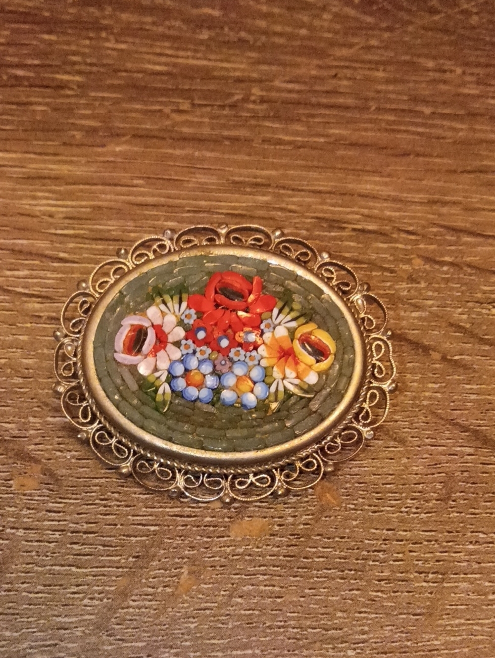 Italy Micro Mosaic Flower Brooch Green Antique Jewelry Collectible